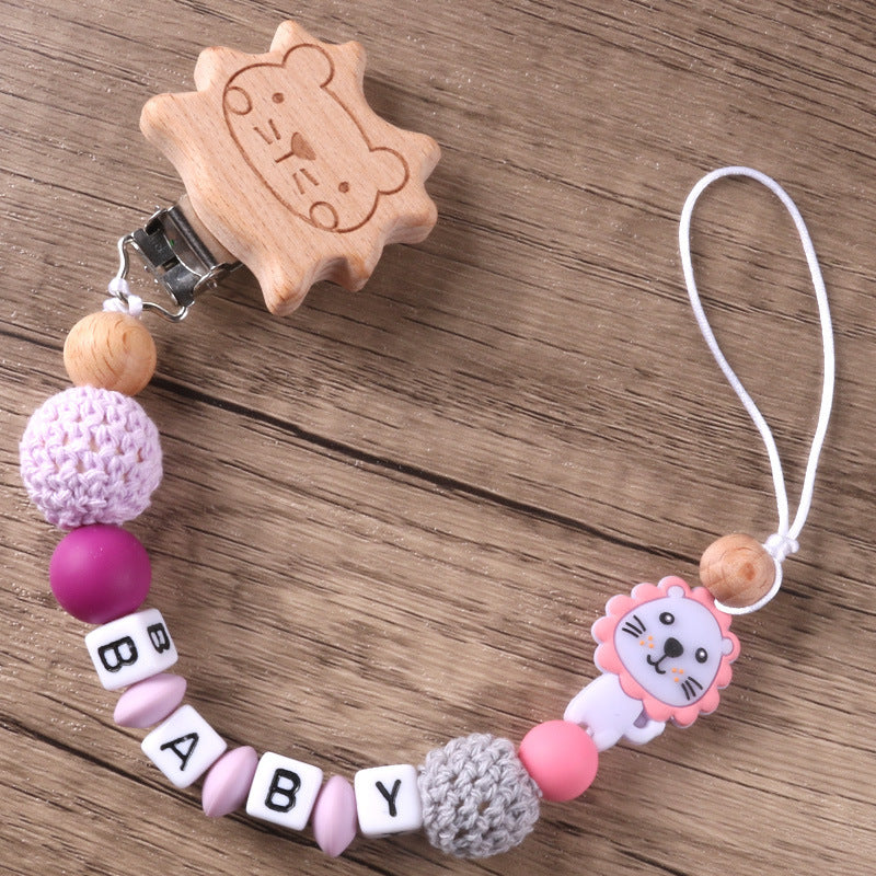 Beech Wood Lion Clip Chain Gum Pacifier To Prevent Chain Dropping