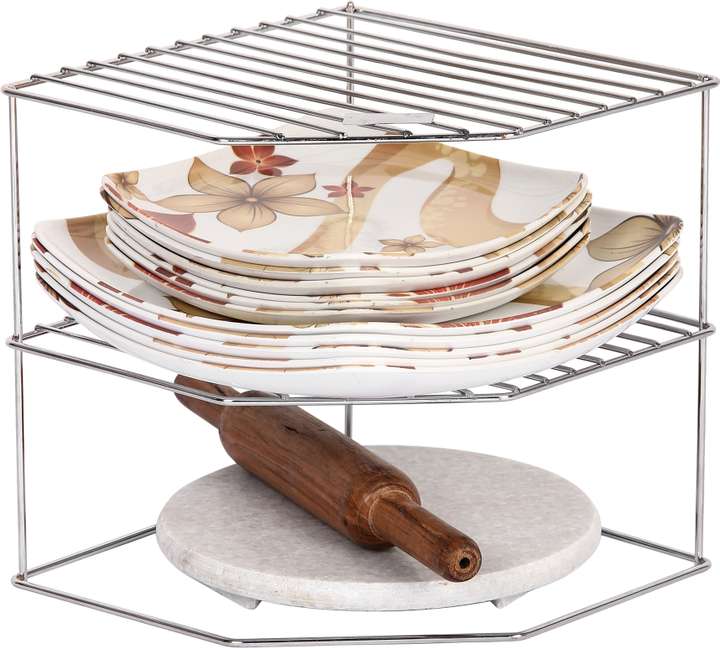 GP stainless steel multipurpose Kitchen Plate Dish Corner Shelf Rack Stand Shelves Holder, Kitchen Tray pan Pot Utensils chakla belan Storage Cupboard Organizer for Home(25.5 * 25.5 * 22 CM) Chakla/Belan Kitchen Rack (Steel)
