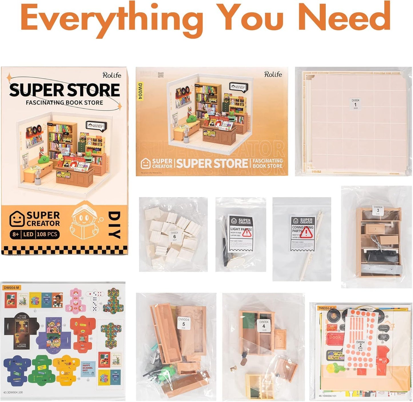 ROBOTIME DIY Miniature Dollhouse Kits Super Store Fascinating Book Store Kit DW004