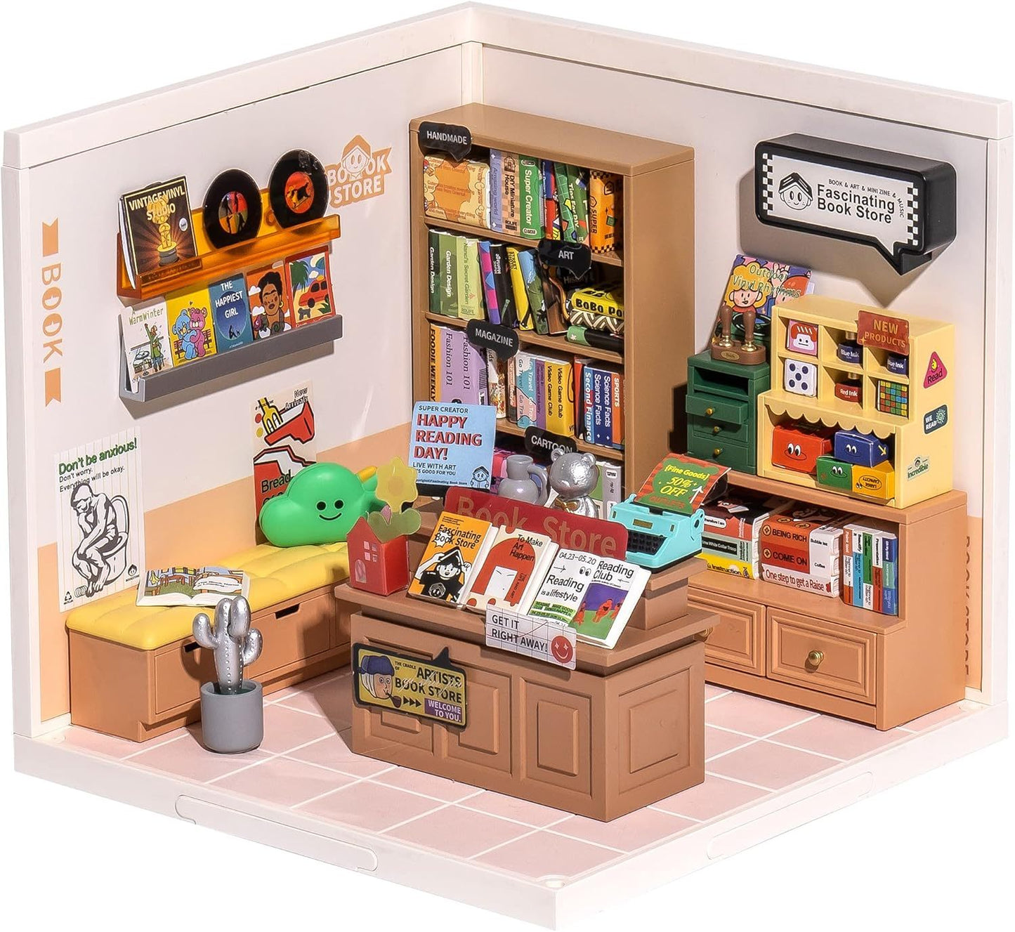 ROBOTIME DIY Miniature Dollhouse Kits Super Store Fascinating Book Store Kit DW004