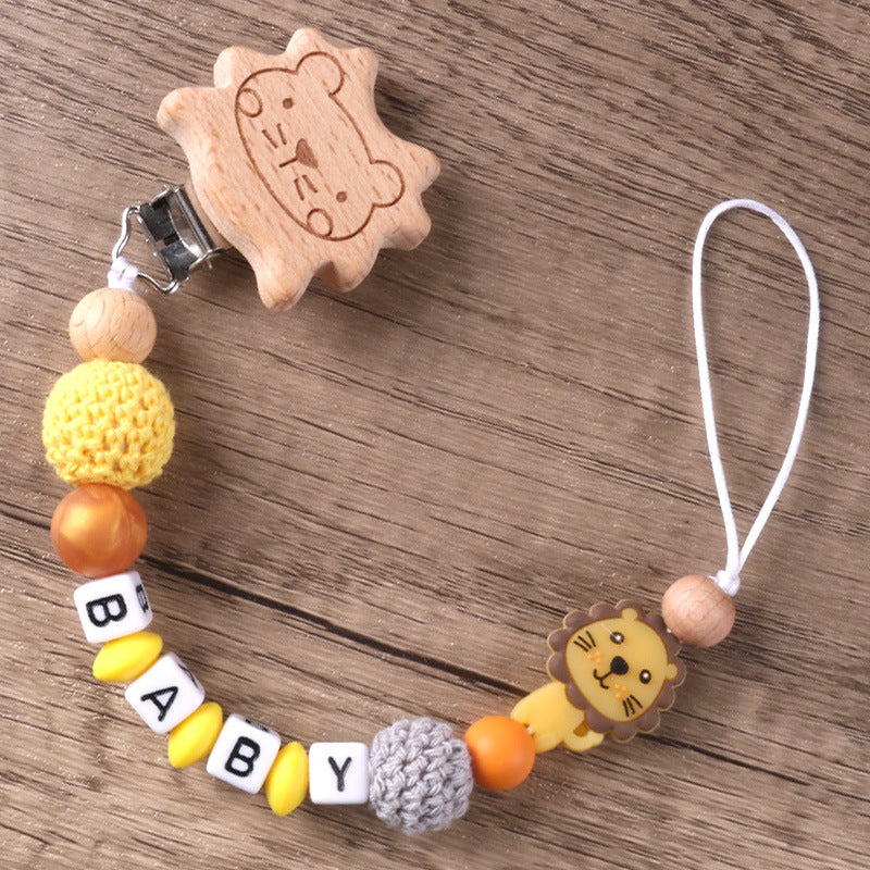 Beech Wood Lion Clip Chain Gum Pacifier To Prevent Chain Dropping