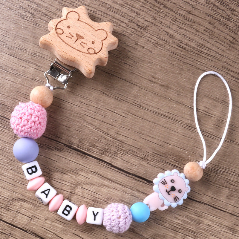Beech Wood Lion Clip Chain Gum Pacifier To Prevent Chain Dropping