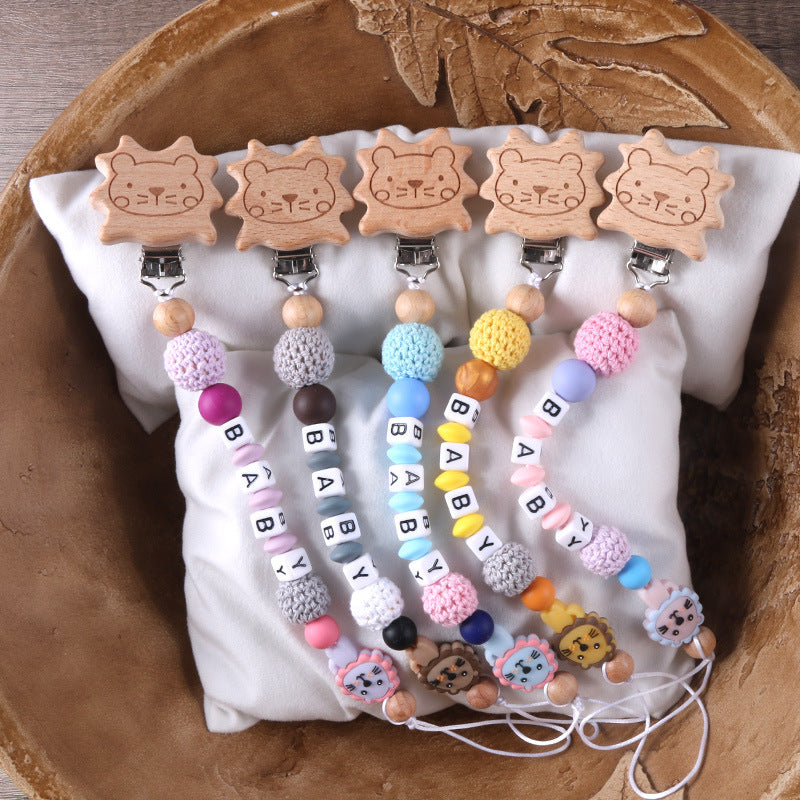 Beech Wood Lion Clip Chain Gum Pacifier To Prevent Chain Dropping