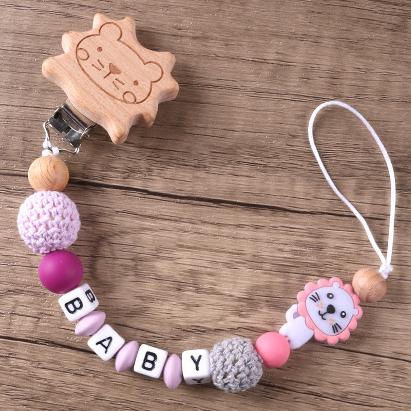 Beech Wood Lion Clip Chain Gum Pacifier To Prevent Chain Dropping
