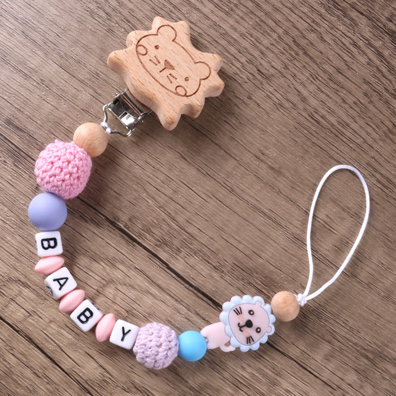 Beech Wood Lion Clip Chain Gum Pacifier To Prevent Chain Dropping