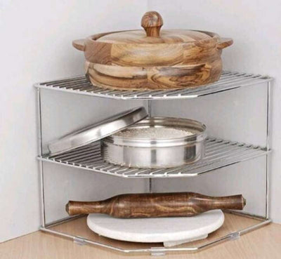 GP stainless steel multipurpose Kitchen Plate Dish Corner Shelf Rack Stand Shelves Holder, Kitchen Tray pan Pot Utensils chakla belan Storage Cupboard Organizer for Home(25.5 * 25.5 * 22 CM) Chakla/Belan Kitchen Rack (Steel)